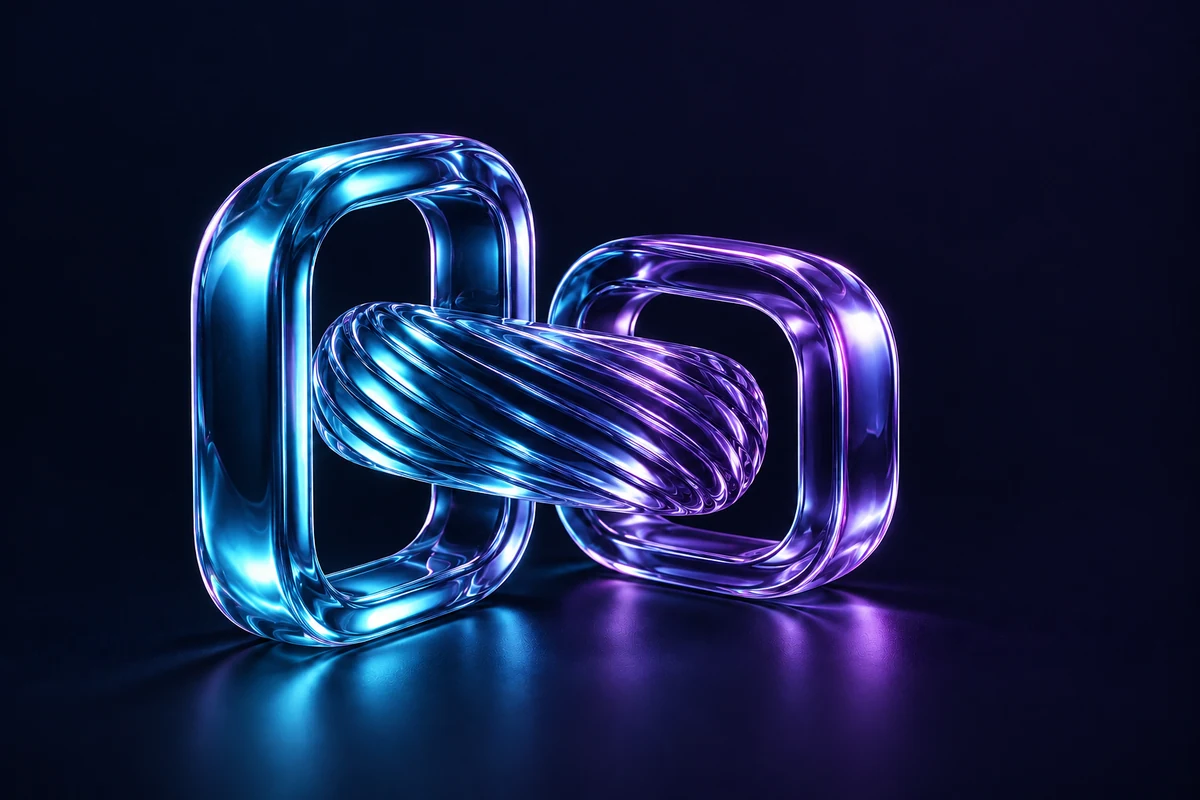 Interlocking blue-purple glass forms representing a connected workflow