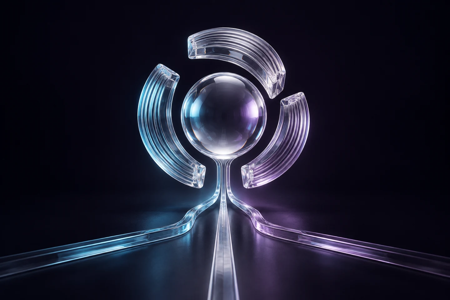 Blue and violet glass arcs bringing three pathways into one clear core