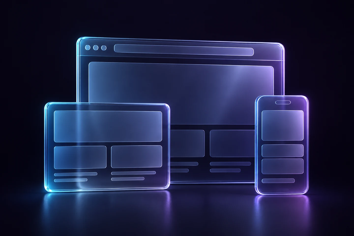 Blue and violet glass browser frames representing responsive website design