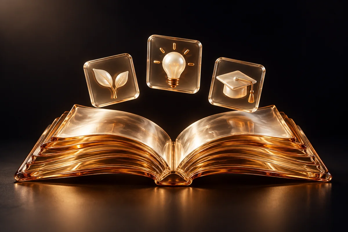 Amber glass open book with floating pearl learning tiles