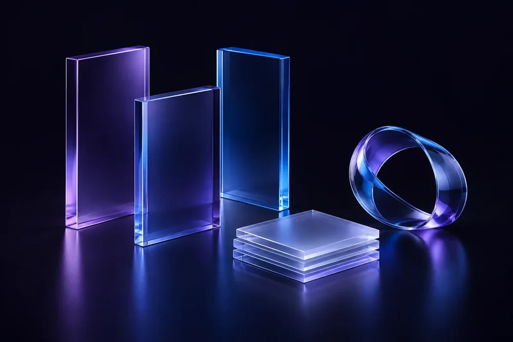 Sculptural blue and purple glass panels, a ring and layered blocks