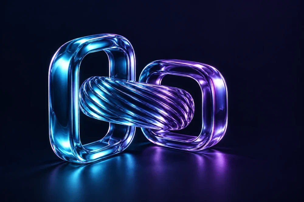 Interlocking blue and purple glass loops