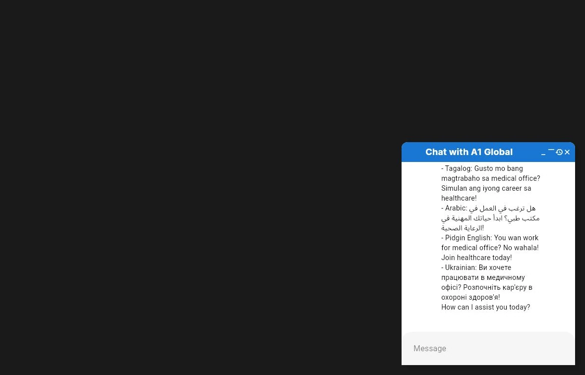Actual public entry screen of A1 Global College Chatbot. Open to explore.