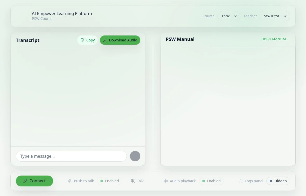 Actual public entry screen of AI Empower Learning Platform. Microphone for voice.