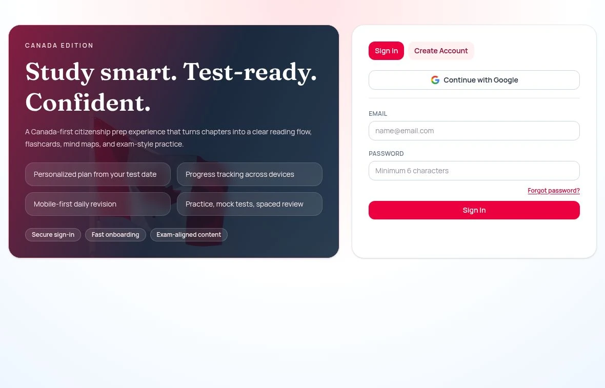 Actual public entry screen of Canada Citizenship Test Preparation. Sign-in required.