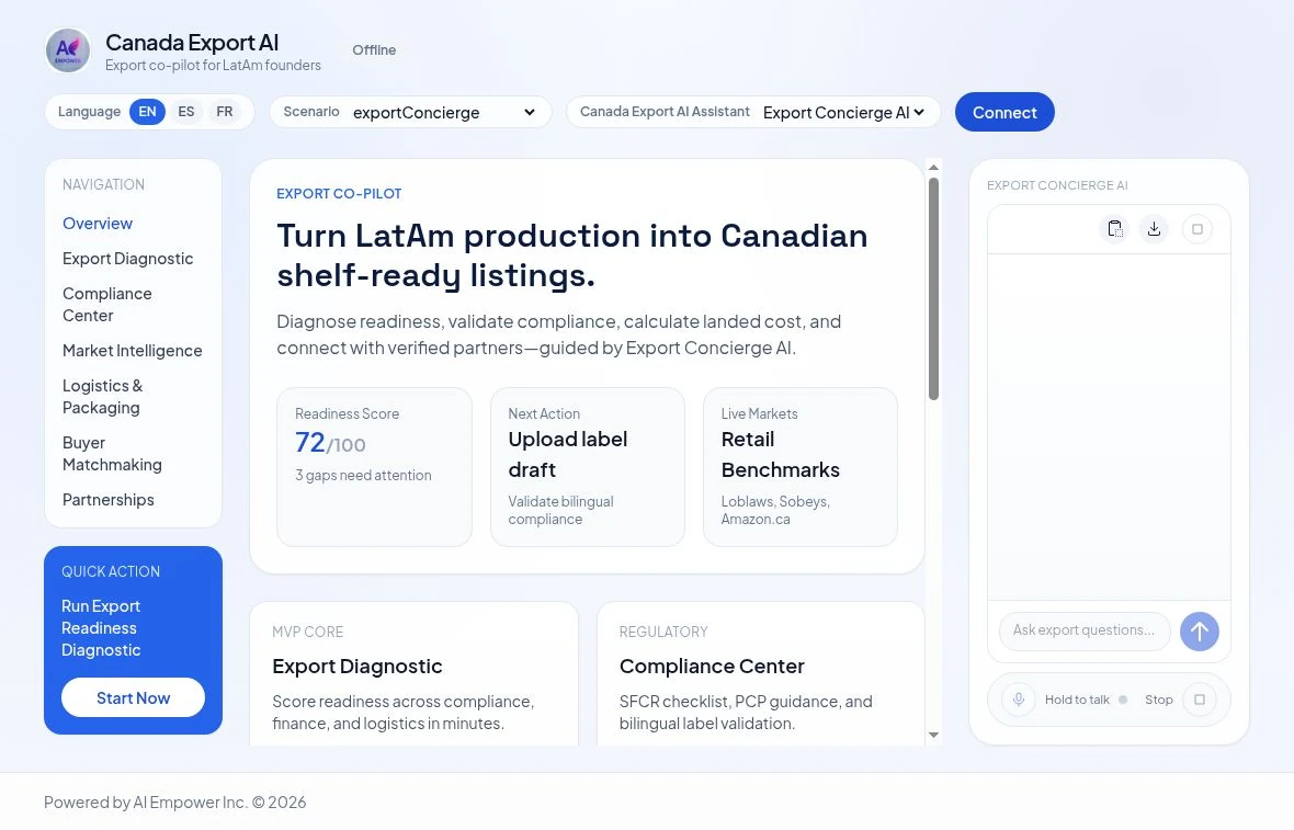 Actual public entry screen of Canada Export AI. Open to explore.