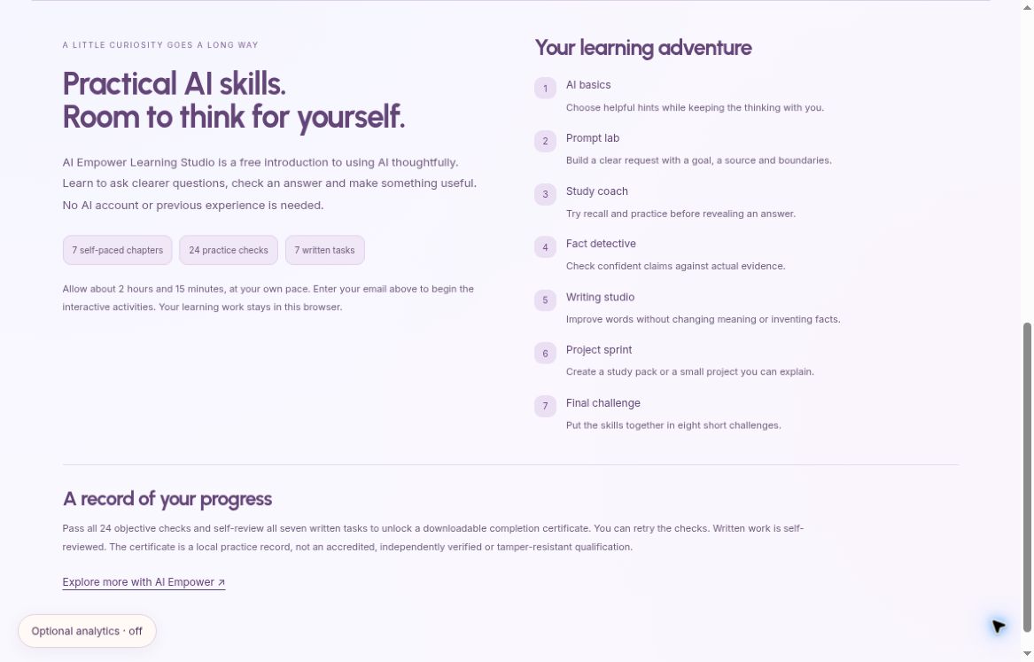 Learning Studio course overview showing practical AI skills and seven self-paced chapters.