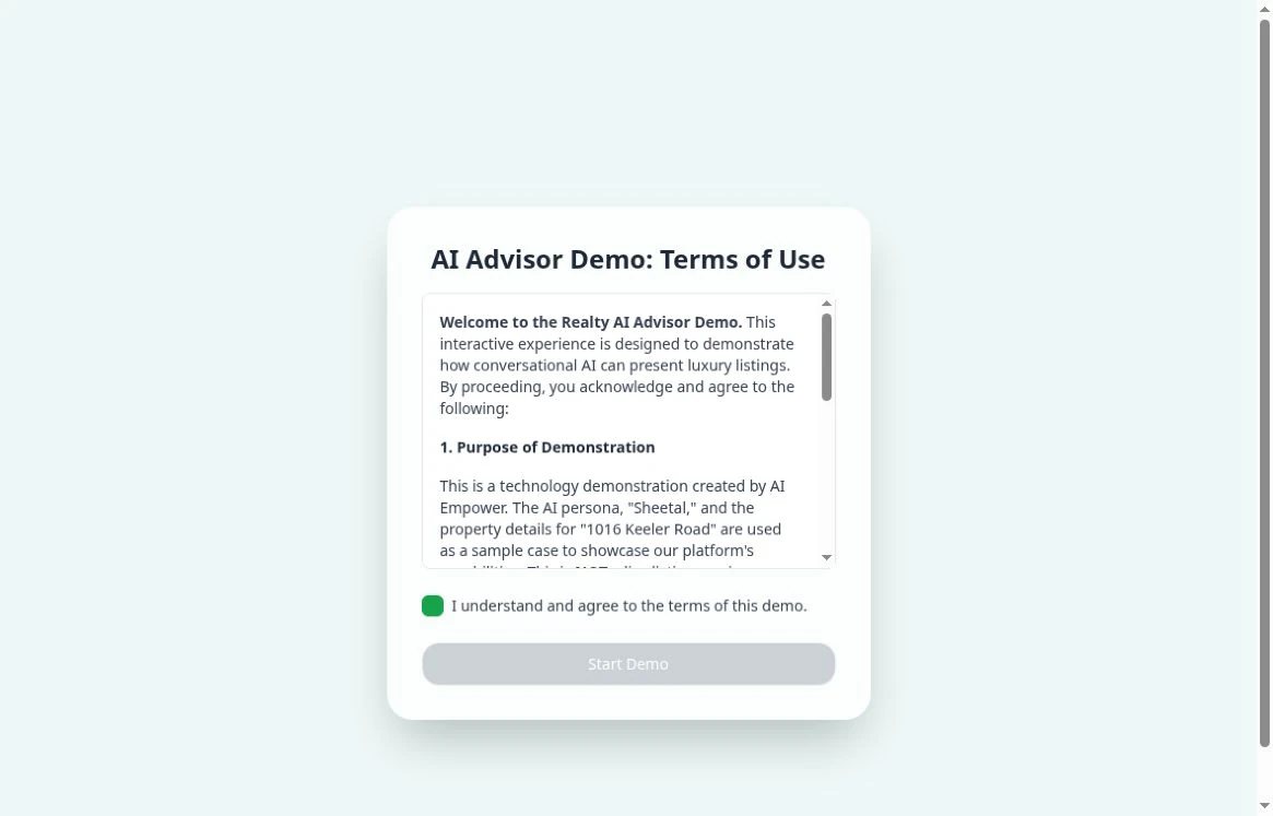 Actual public entry screen of Realty AI Advisor Demo. Terms before use.