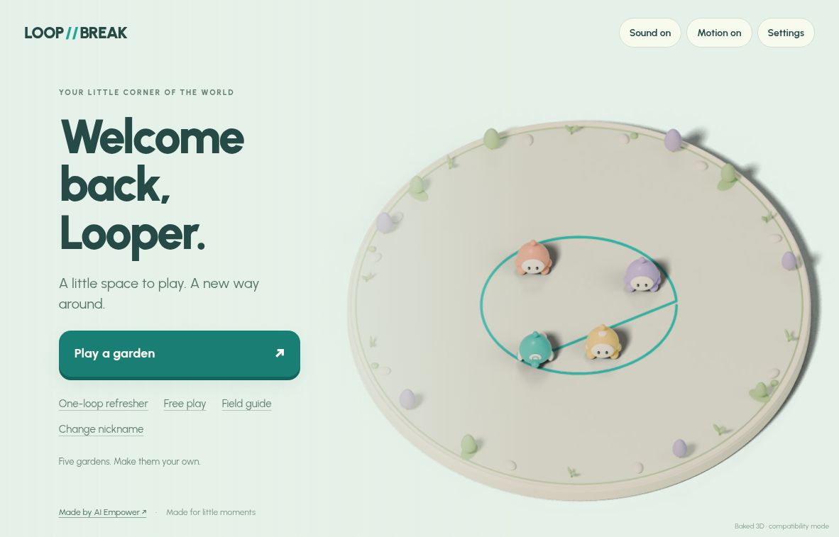 LOOPBREAK game menu with a fully rendered garden, four colorful bots and a teal loop.