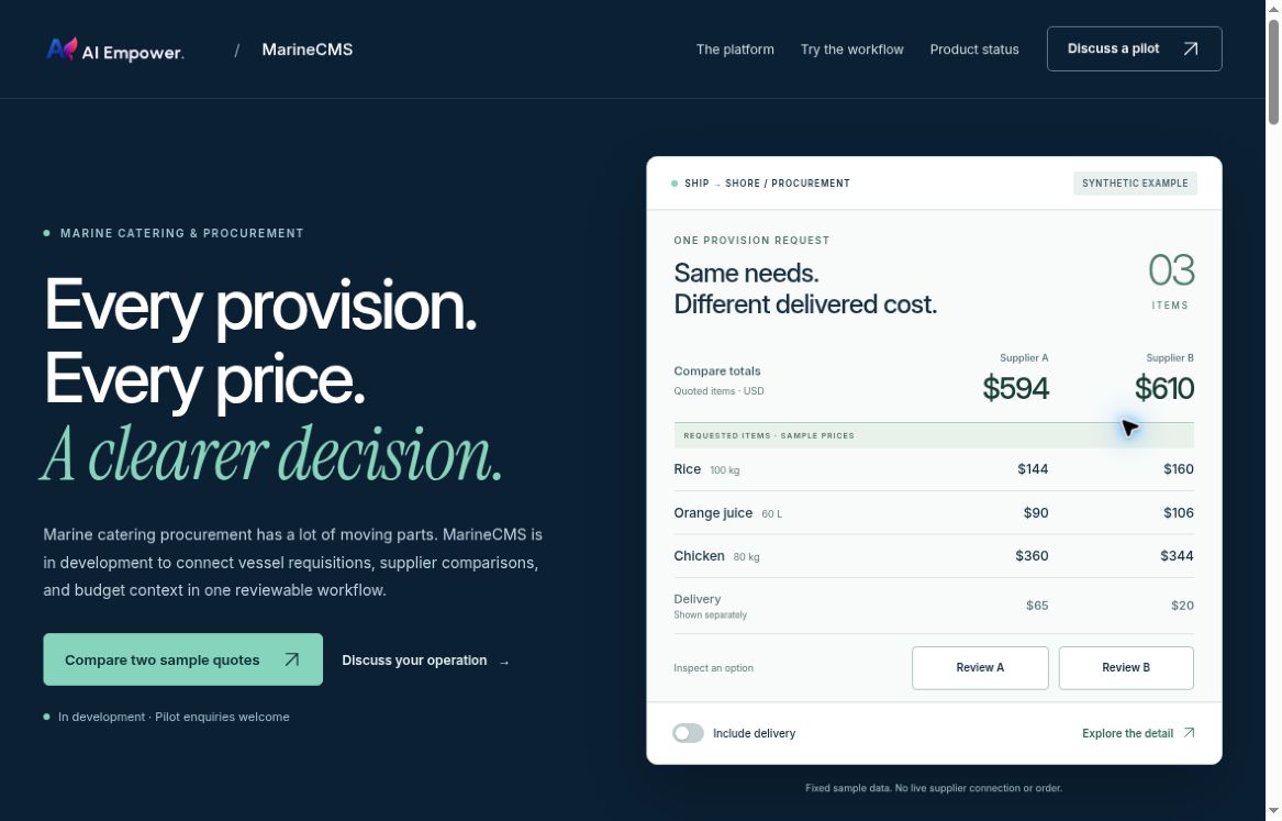 MarineCMS showing a fictional two-supplier comparison and delivered-cost controls.