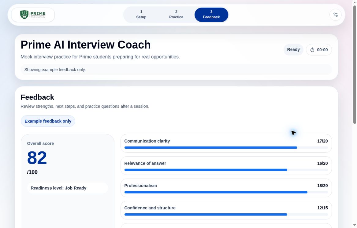 Prime AI Interview Coach’s built-in example feedback report, with the Example feedback only label and sample score of 82.