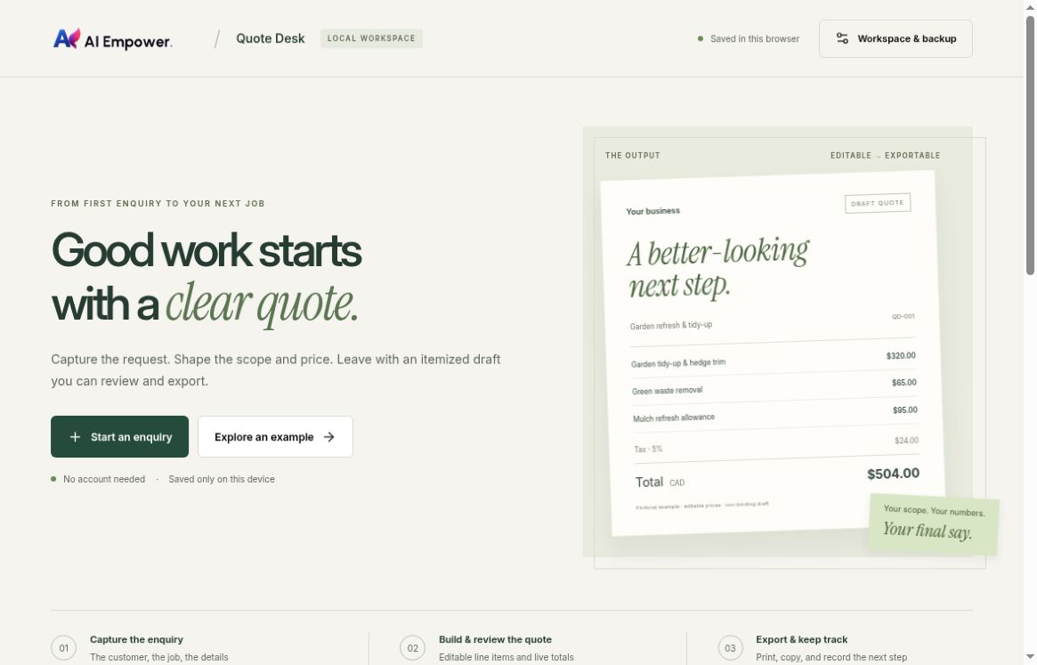 Quote Desk with an itemized editable draft quote and a clear enquiry workflow.