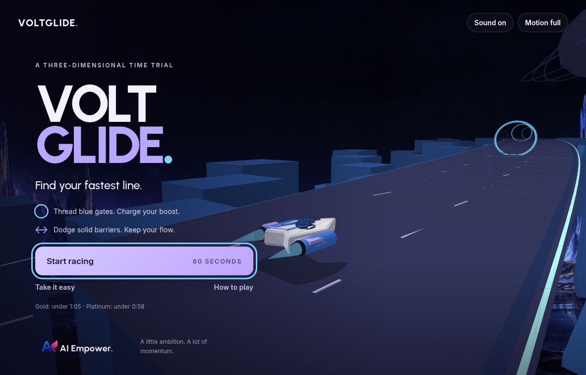 VOLTGLIDE game menu with its fully rendered hover-skimmer, race track and glowing gates.