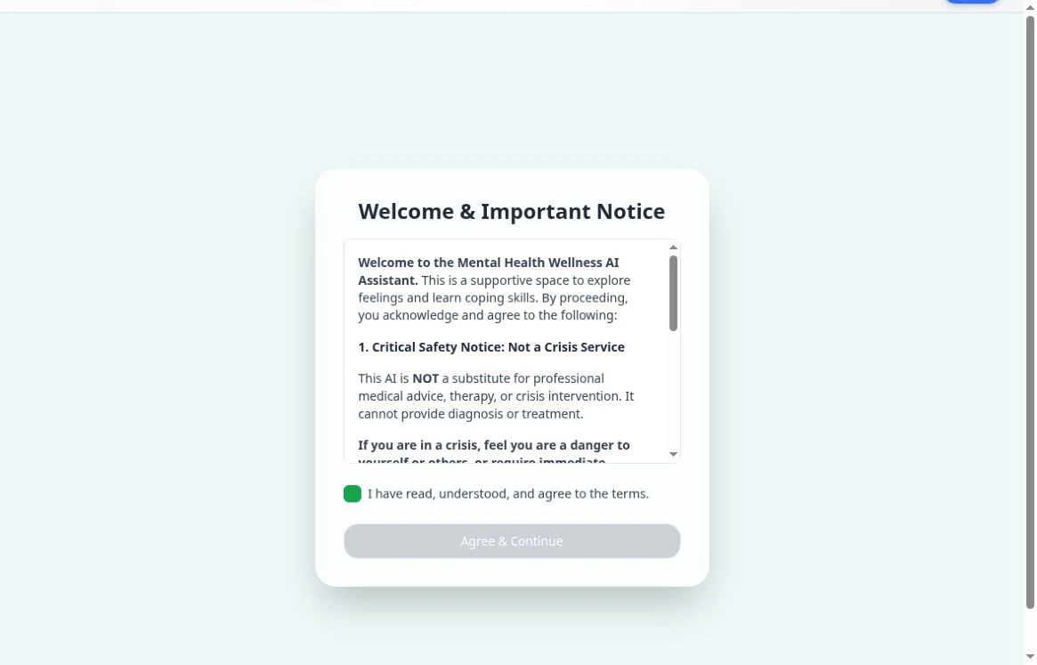 Actual public entry screen of Wellness Companion. Terms before use.