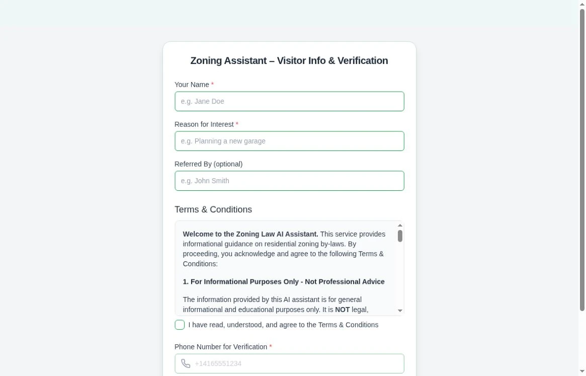 Actual public entry screen of Ontario Zoning Law Companion. Phone verification.